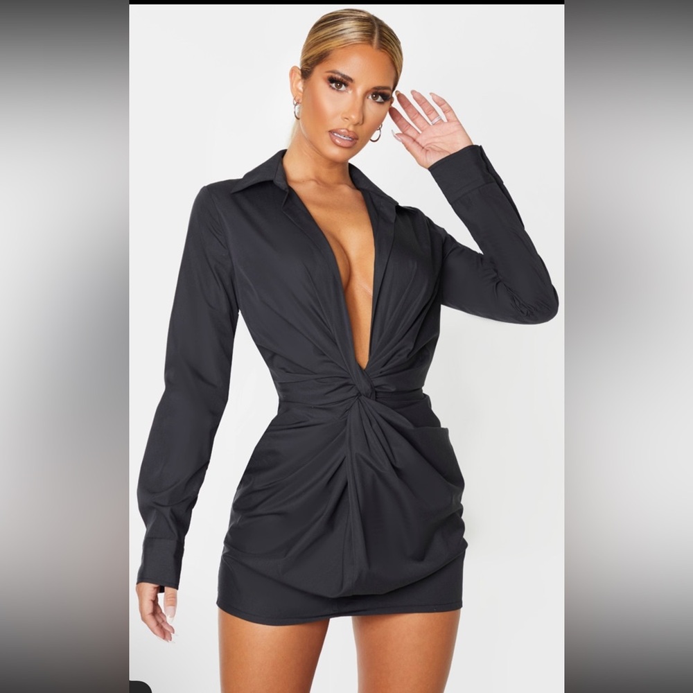 Black Plunge Knot Detail Shirt Dress